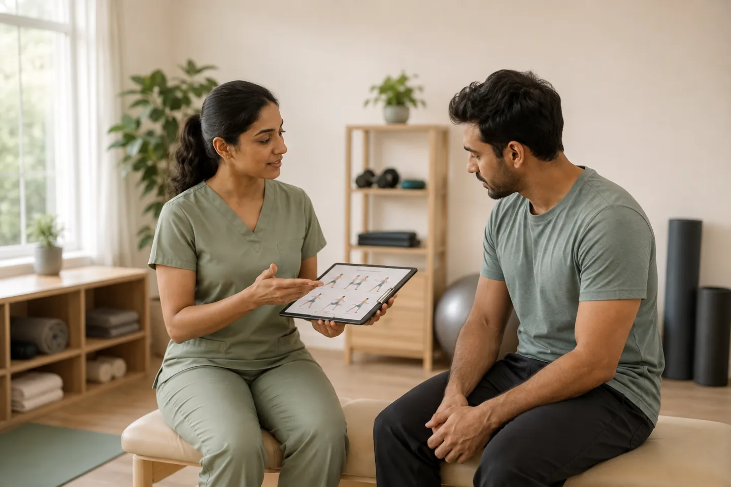 Illustrative physiotherapy consultation in a calm clinical setting