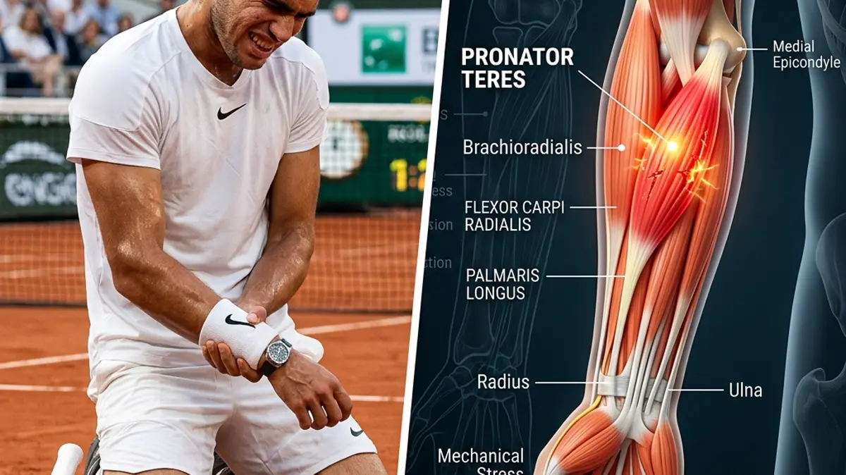 Carlos Alcaraz's Forearm Strain: Biomechanics of Pronator Teres Overload and Tennis Forehand Rehabilitation