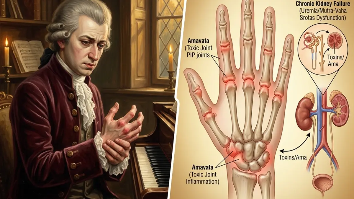 Mozart's Chronic Joint Rheumatism and Renal Failure: An Ayurvedic Forensic Analysis of Amavata (Toxic Joint Inflammation) and Mutra-Vaha Srotas (Urinary Channel) Dysfunction
