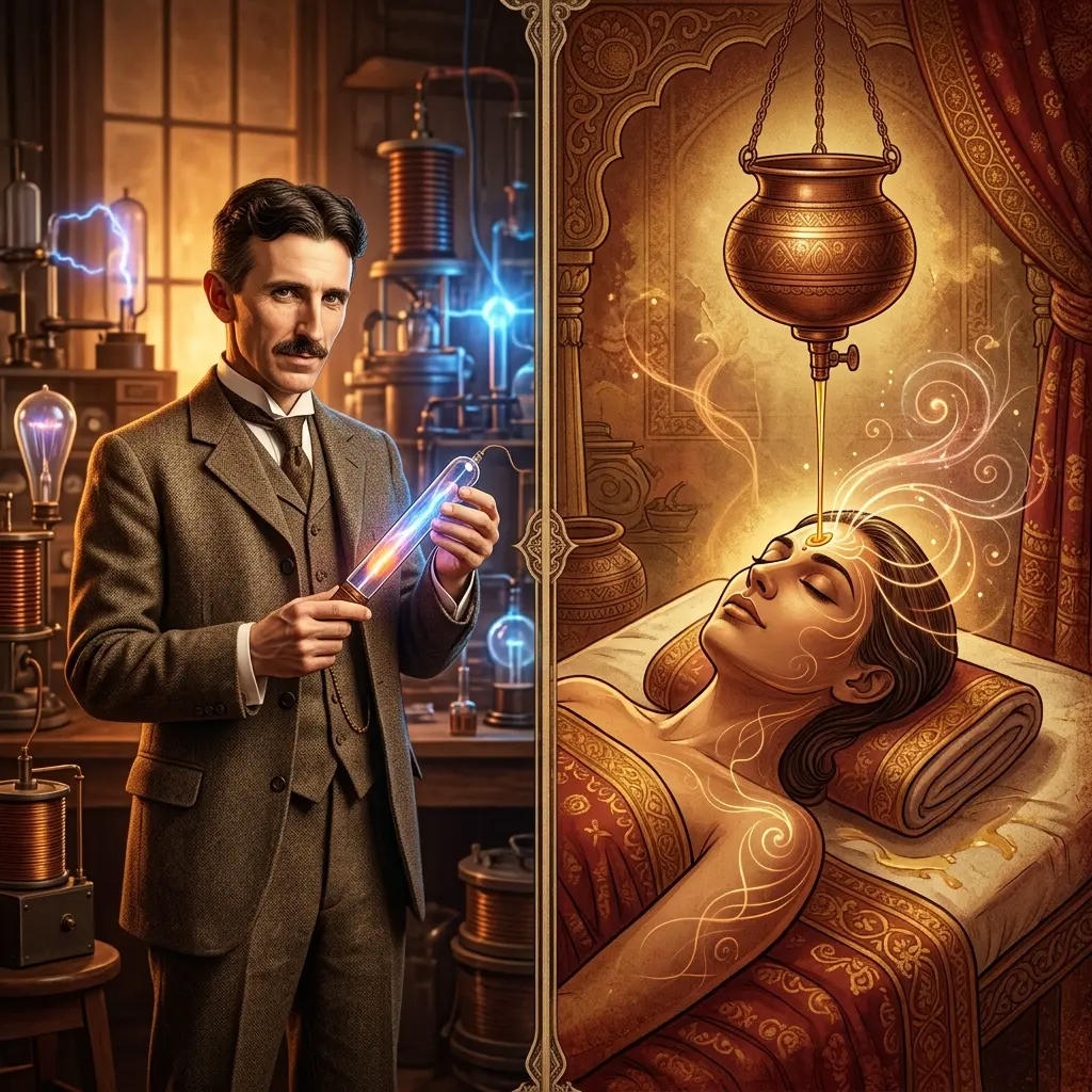Nikola Tesla's Brain Hyperactivity and Sleep Deprivation: An Ayurvedic Reconstruction of Extreme Vata Sechaka and Nidra Restorative Protocols
