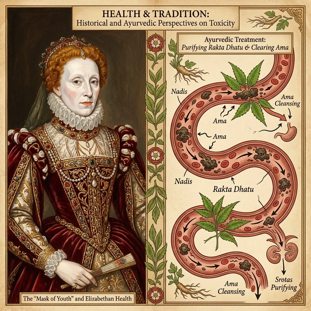 Queen Elizabeth I's Lead Makeup and Chronic Toxicity: An Ayurvedic Reconstruction of Ama Overload, Rakta Dhatu Corruption, and Detoxifying Blood Purifiers